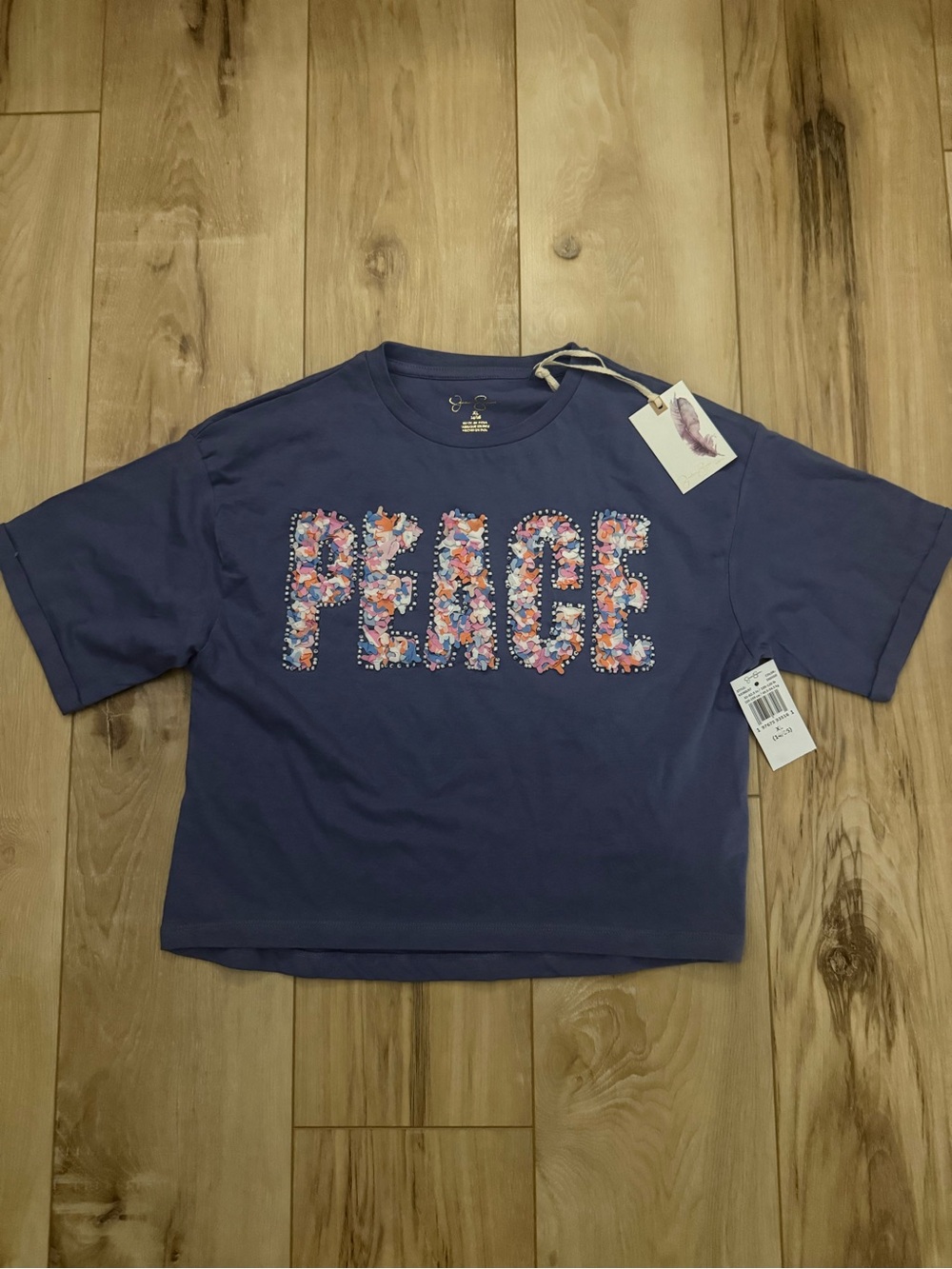 Jessica Simpson Indigo Short-Sleeve Tee with Floral 'PEACE' Appliqué